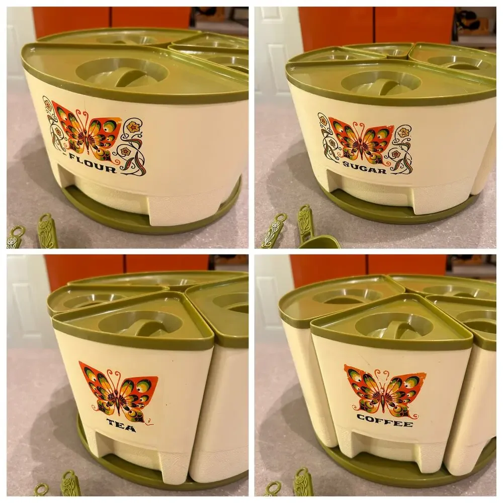Vintage 1970s Sterilite Butterfly Lazy Susan Canister Set 1591 3 Scoops MCM -